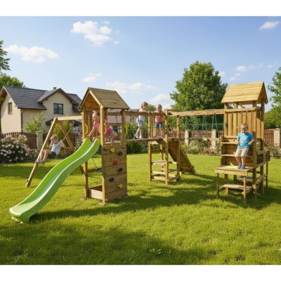Parque infantil de madera Fungoo Optimizer con tobogán, columpios, estructura de escalada y cocina infantil