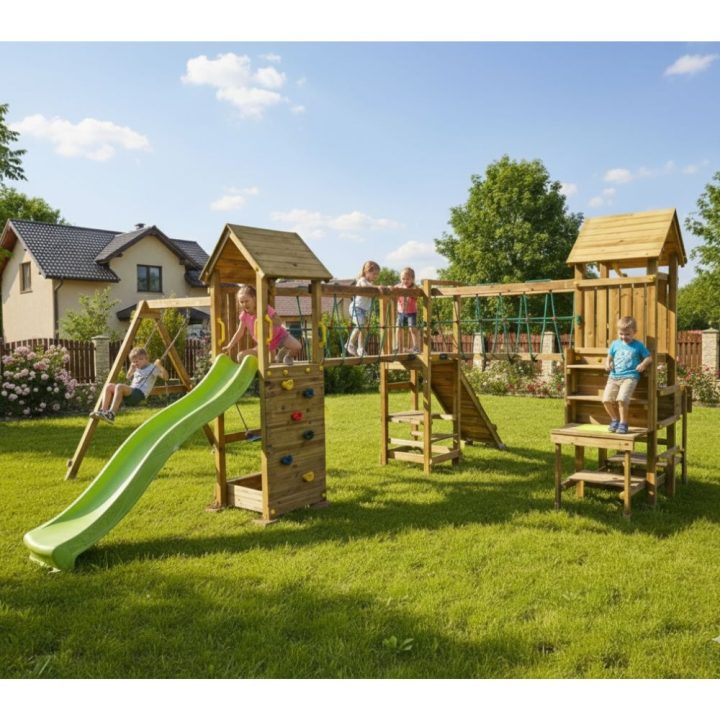 Parque infantil de madera Fungoo Optimizer con tobogán, columpios, estructura de escalada y cocina infantil
