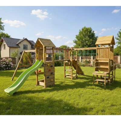 Parque infantil de madera Fungoo Optimizer con tobogán, columpios, estructura de escalada y cocina infantil