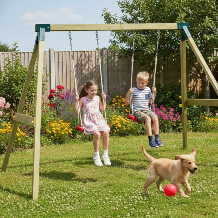 Columpio de madera impregnada Fly Light – Columpio doble para niños, juego de exterior