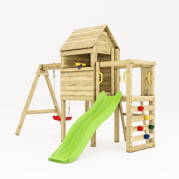 Parque infantil de madera Fungoo Luomi – Casita, tobogán, columpio y escalada para niños