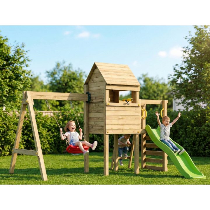 Parque infantil de madera Fungoo Luomi – Casita, tobogán, columpio y escalada para niños
