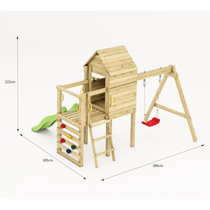 Parque infantil de madera Fungoo Luomi – Casita, tobogán, columpio y escalada para niños