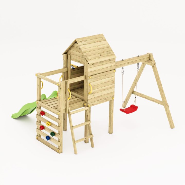 Parque infantil de madera Fungoo Luomi – Casita, tobogán, columpio y escalada para niños