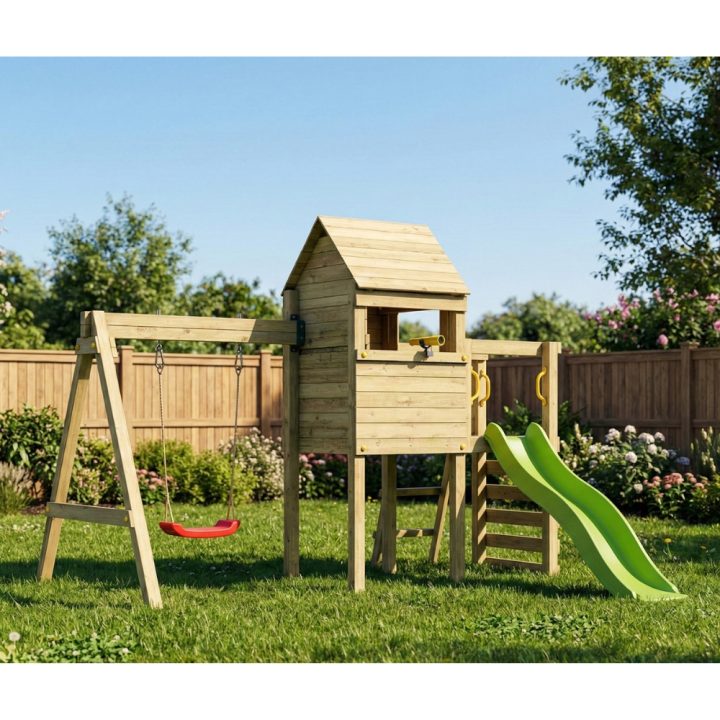 Parque infantil de madera Fungoo Luomi – Casita, tobogán, columpio y escalada para niños