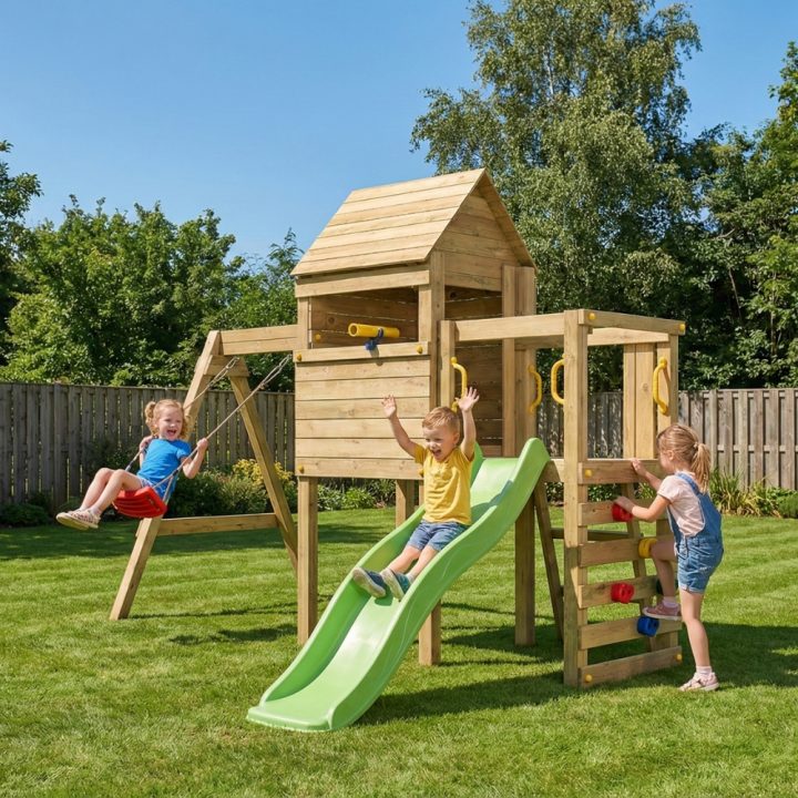 Parque infantil de madera Fungoo Luomi – Casita, tobogán, columpio y escalada para niños