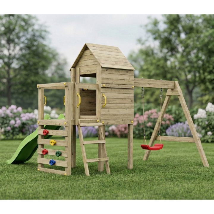 Parque infantil de madera Fungoo Luomi – Casita, tobogán, columpio y escalada para niños