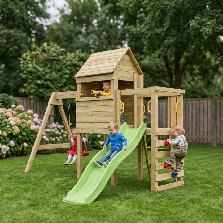 Parque infantil de madera Fungoo Luomi – Casita, tobogán, columpio y escalada para niños