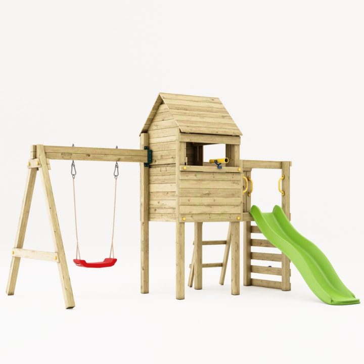 Parque infantil de madera Fungoo Luomi – Casita, tobogán, columpio y escalada para niños