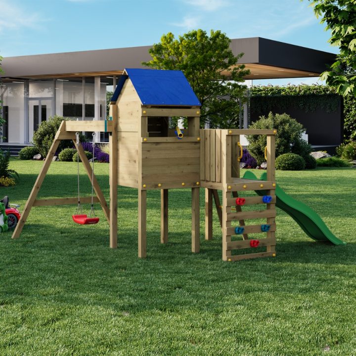 Parque infantil de jardín de madera con tobogán, casita y columpio Fungoo Bibalu
