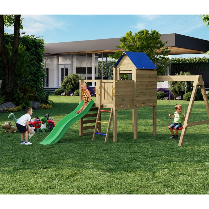 Parque infantil de jardín de madera con tobogán, casita y columpio Fungoo Bibalu