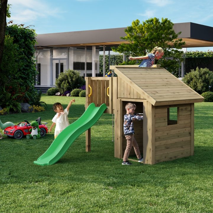 Casita infantil de madera Fungoo Tibalu – Juego de jardín con tobogán y escalada