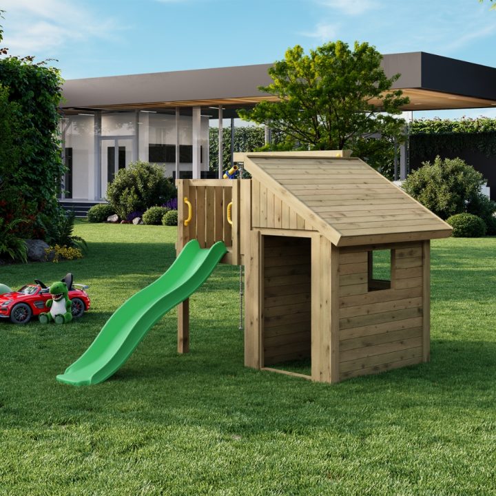 Casita infantil de madera Fungoo Tibalu – Juego de jardín con tobogán y escalada