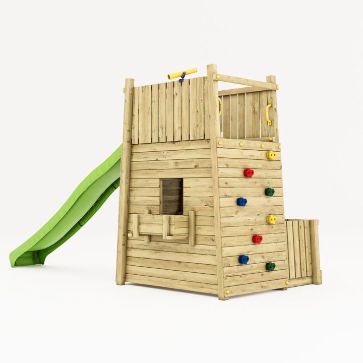 Parque infantil de madera Fungoo Resort – Fortaleza con tobogán y escalada