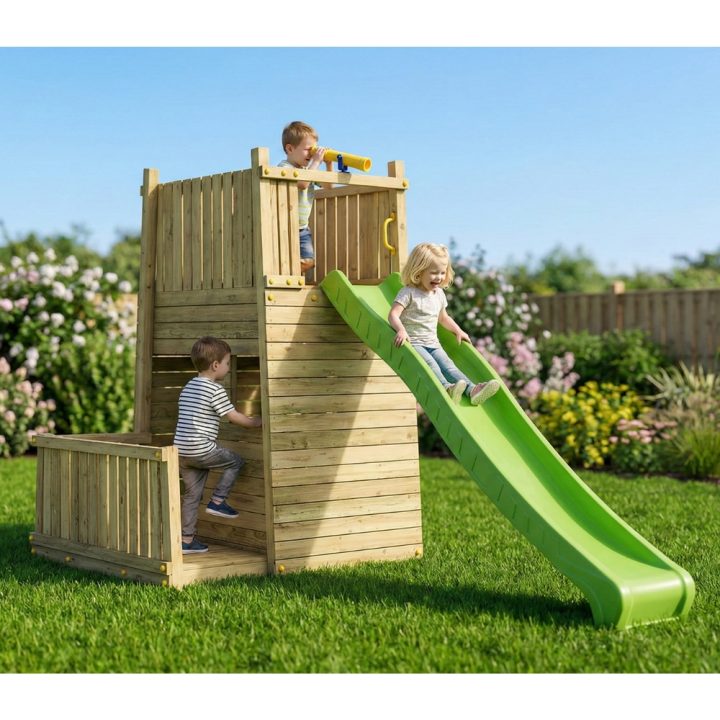 Parque infantil de madera Fungoo Resort – Fortaleza con tobogán y escalada