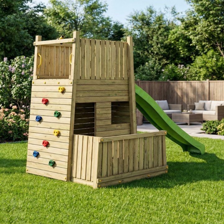 Parque infantil de madera Fungoo Resort – Fortaleza con tobogán y escalada