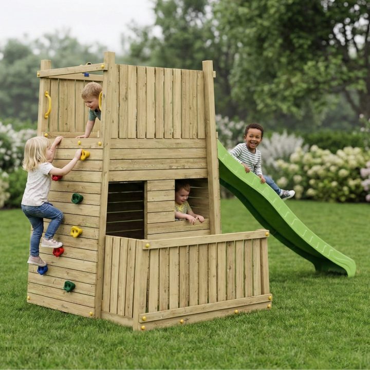 Parque infantil de madera Fungoo Resort – Fortaleza con tobogán y escalada