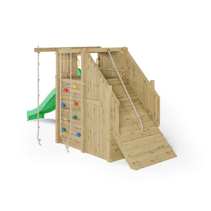 Parque infantil de madera Fungoo Ramphouse – Torre con rampa de escalada, tobogán y espacio refugio
