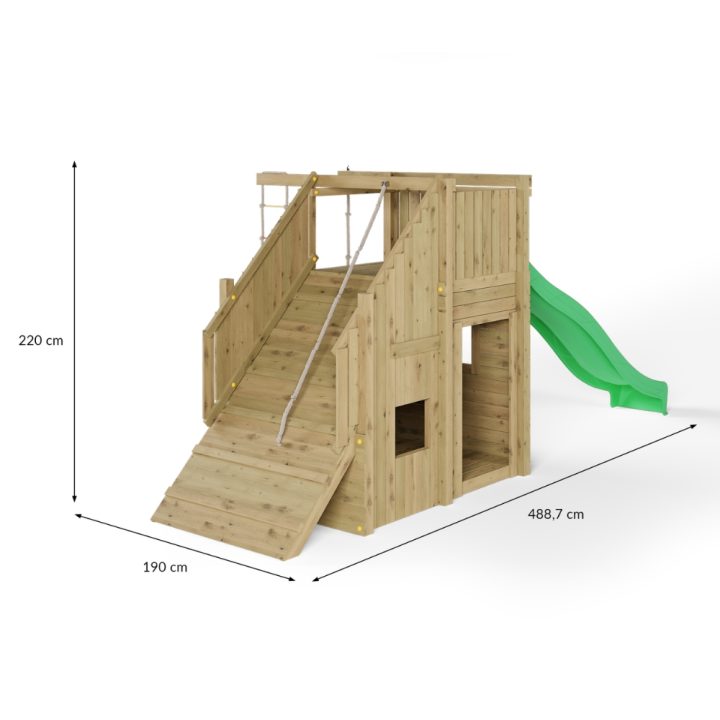 Parque infantil de madera Fungoo Ramphouse – Torre con rampa de escalada, tobogán y espacio refugio