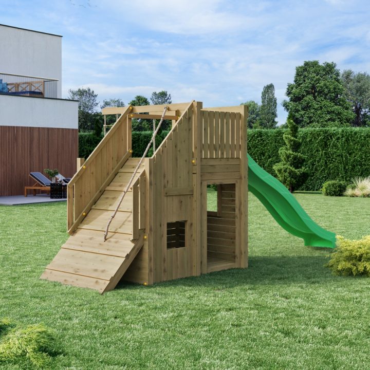 Parque infantil de madera Fungoo Ramphouse – Torre con rampa de escalada, tobogán y espacio refugio