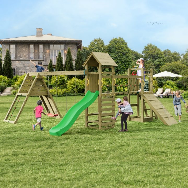 Juego de jardín de madera Fungoo Funny Carnival – Casita, tobogán, puente y columpio doble