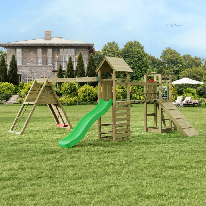 Juego de jardín de madera Fungoo Funny Carnival – Casita, tobogán, puente y columpio doble