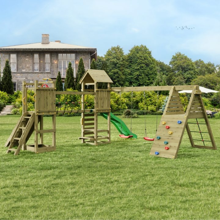 Juego de jardín de madera Fungoo Funny Carnival – Casita, tobogán, puente y columpio doble