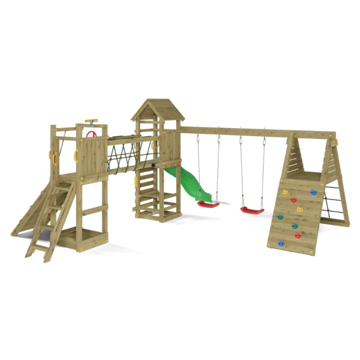 Juego de jardín de madera Fungoo Funny Carnival – Casita, tobogán, puente y columpio doble