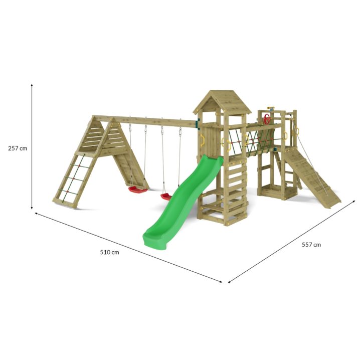 Juego de jardín de madera Fungoo Funny Carnival – Casita, tobogán, puente y columpio doble