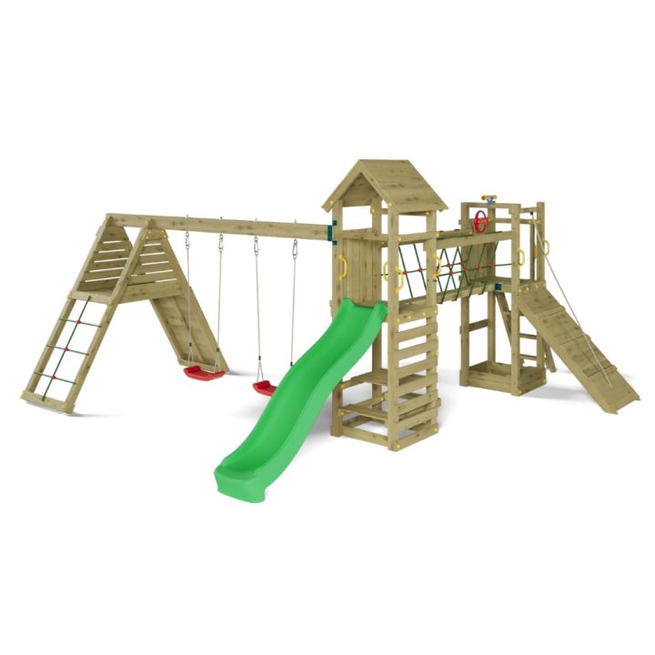 Juego de jardín de madera Fungoo Funny Carnival – Casita, tobogán, puente y columpio doble