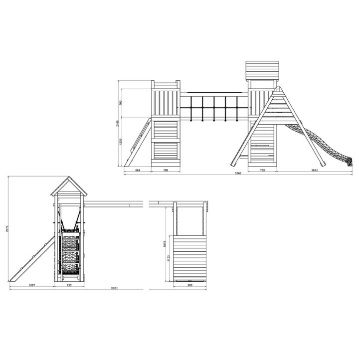 Juego de jardín de madera Fungoo Funny Carnival – Casita, tobogán, puente y columpio doble
