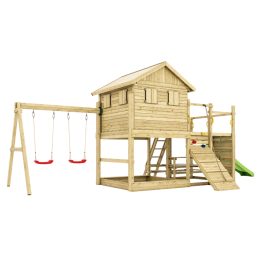 Casita de juegos de madera Fungoo Aloha con tobogán, columpio doble, arenero, mesa de picnic y escalada