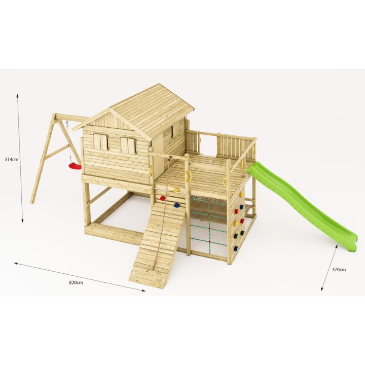 Casita de juegos de madera Fungoo Aloha con tobogán, columpio doble, arenero, mesa de picnic y escalada