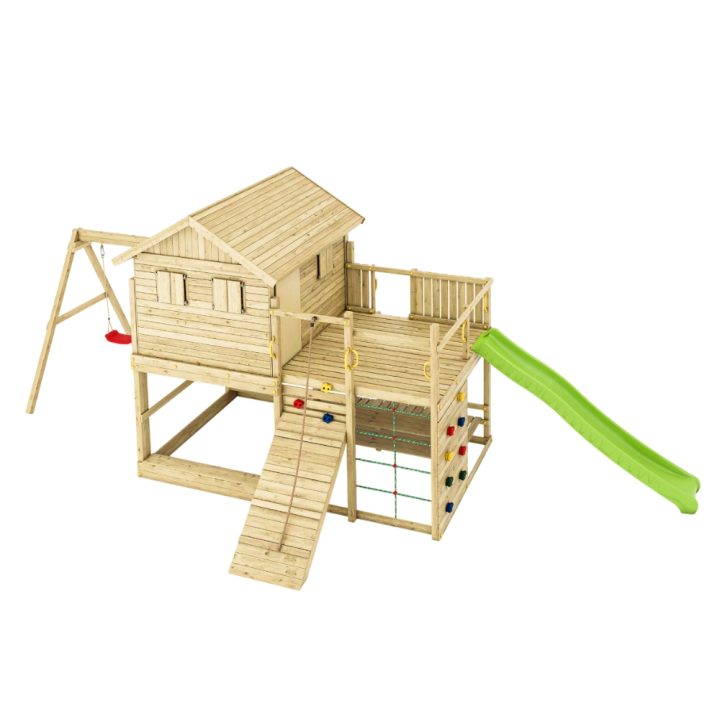 Casita de juegos de madera Fungoo Aloha con tobogán, columpio doble, arenero, mesa de picnic y escalada