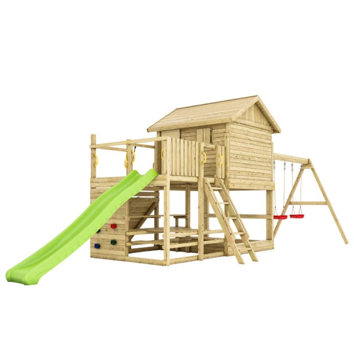 Casita de juegos de madera Fungoo Aloha con tobogán, columpio doble, arenero, mesa de picnic y escalada