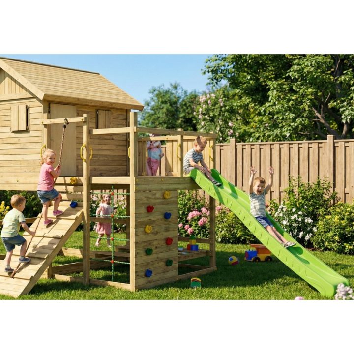 Casita de juegos de madera Fungoo Aloha con tobogán, columpio doble, arenero, mesa de picnic y escalada