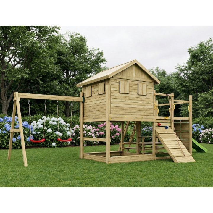 Casita de juegos de madera Fungoo Aloha con tobogán, columpio doble, arenero, mesa de picnic y escalada