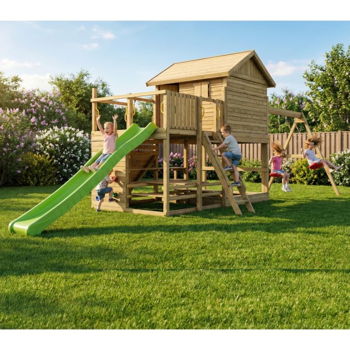 Casita de juegos de madera Fungoo Aloha con tobogán, columpio doble, arenero, mesa de picnic y escalada