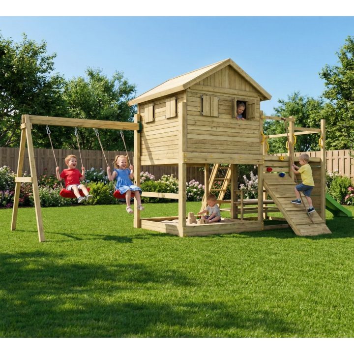 Casita de juegos de madera Fungoo Aloha con tobogán, columpio doble, arenero, mesa de picnic y escalada