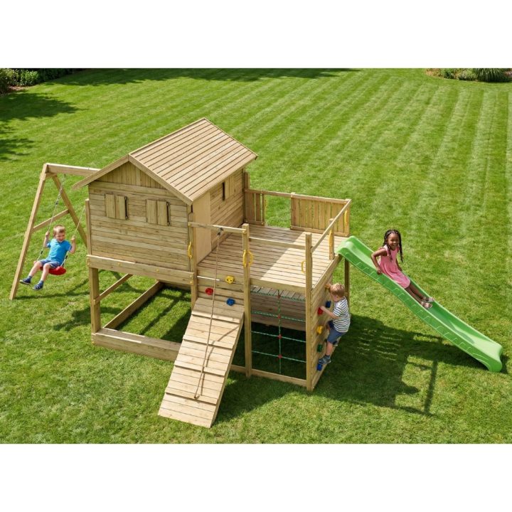Casita de juegos de madera Fungoo Aloha con tobogán, columpio doble, arenero, mesa de picnic y escalada