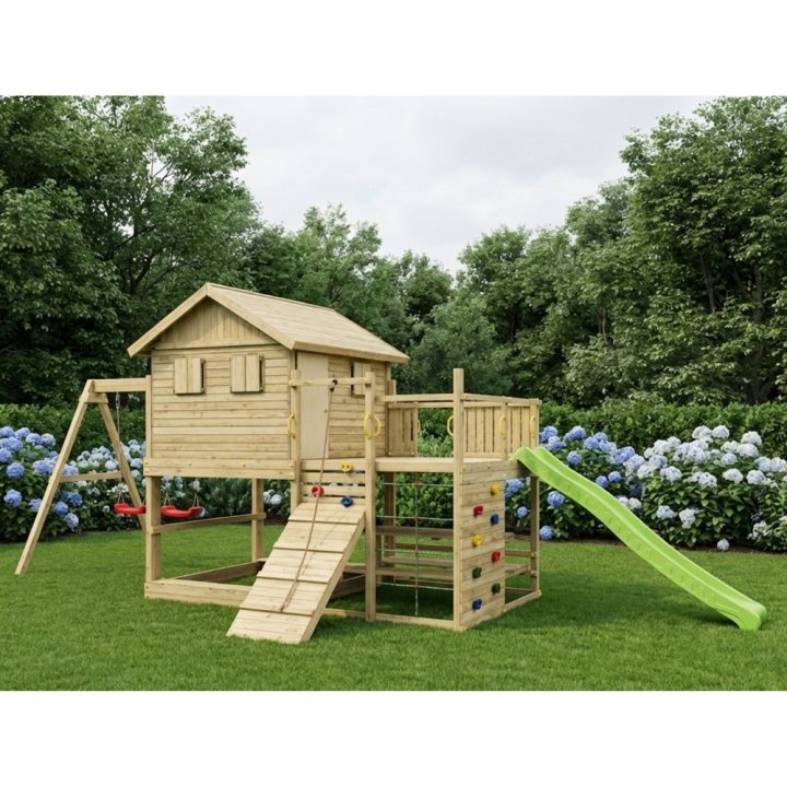 Casita de juegos de madera Fungoo Aloha con tobogán, columpio doble, arenero, mesa de picnic y escalada