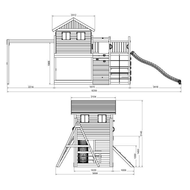 Casita de juegos de madera Fungoo Aloha con tobogán, columpio doble, arenero, mesa de picnic y escalada
