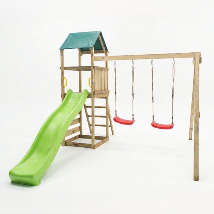 Parque infantil de madera Maxplay 2.1 con tobogán verde, doble columpio y zona de escalada para jardín