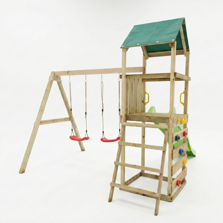 Parque infantil de madera Maxplay 2.1 con tobogán verde, doble columpio y zona de escalada para jardín