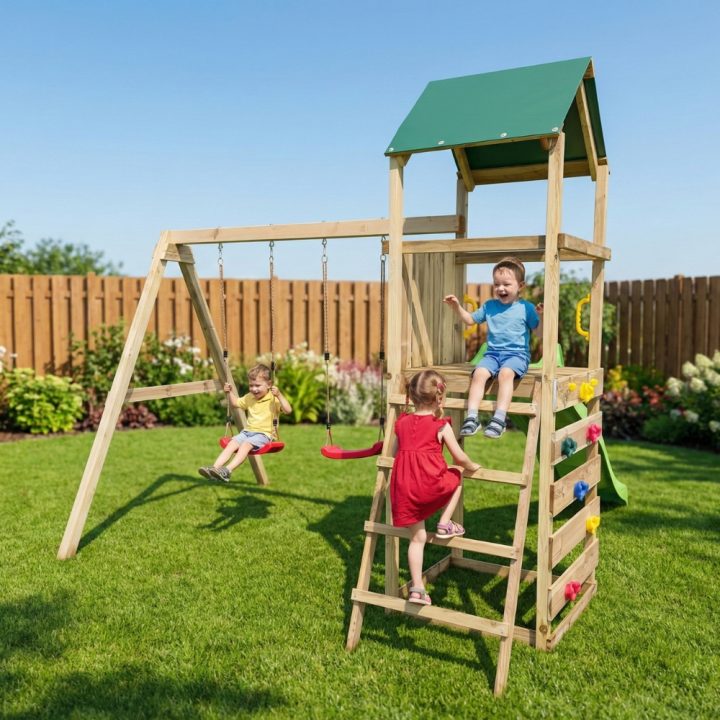 Parque infantil de madera Maxplay 2.1 con tobogán verde, doble columpio y zona de escalada para jardín
