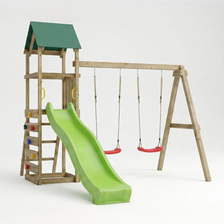 Parque infantil de madera Maxplay 2.1 con tobogán verde, doble columpio y zona de escalada para jardín