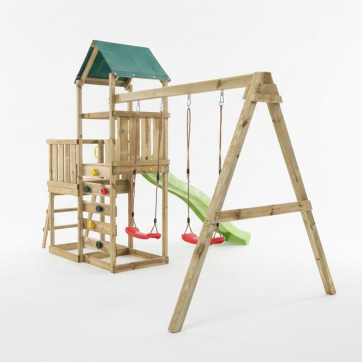 Parque infantil de madera Maxplay 3.1 con torre, tobogán verde, doble columpio y arenero