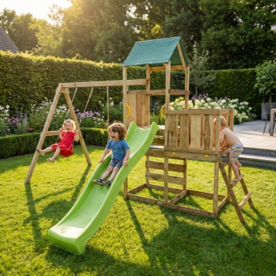 Parque infantil de madera Maxplay 3.1 con torre, tobogán verde, doble columpio y arenero