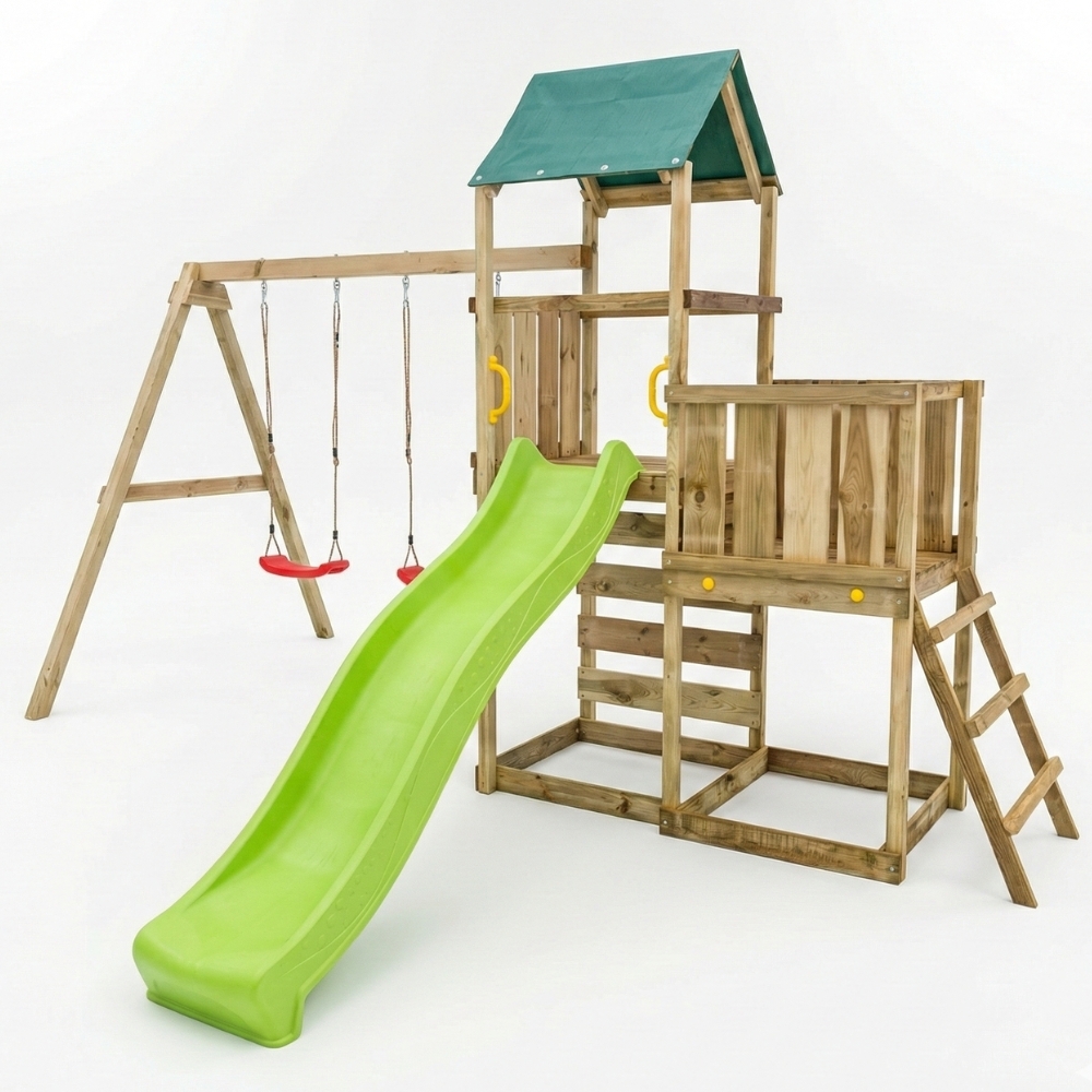 Parque infantil de madera Maxplay 3.1 con torre, tobogán verde, doble columpio y arenero
