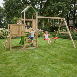 Parque infantil de madera Maxplay 3.1 con torre, tobogán verde, doble columpio y arenero